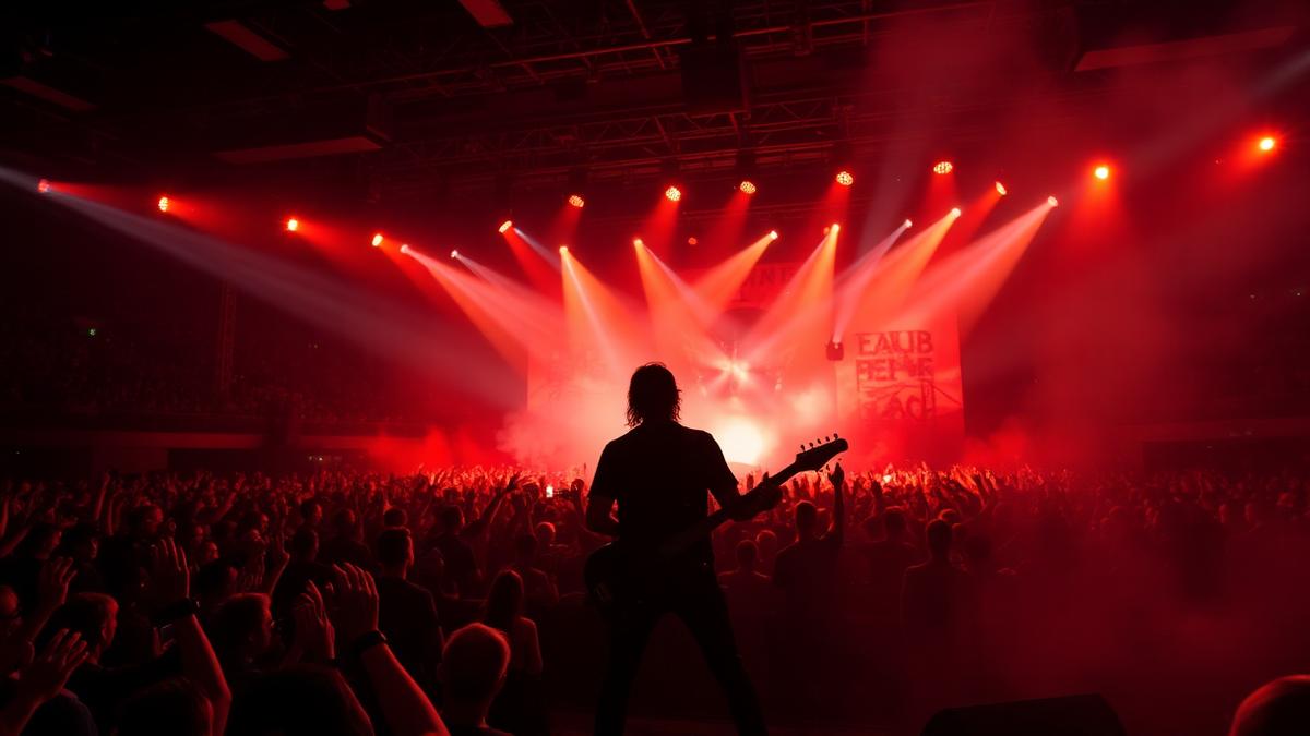 Guitarist performing live on stage in front of a massive crowd under red concert lights